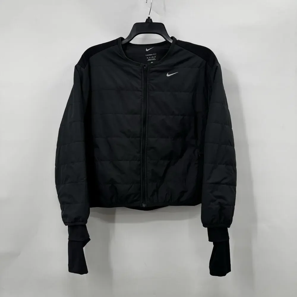 Nike THERMA-FIT Gray Black Quilted Full Zip Jacket Thumbholes Womens XS